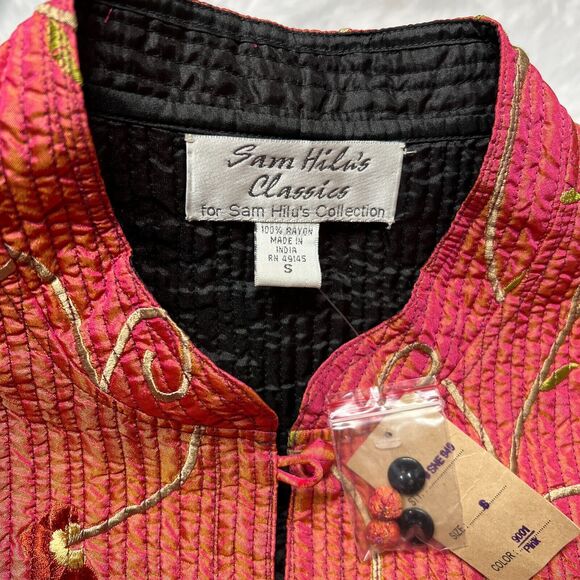 SAM HILU'S CLASSICS REVERSIBLE QUILTED JACKET FLORAL METALLIC PINK / BLACK - Picture 9 of 9